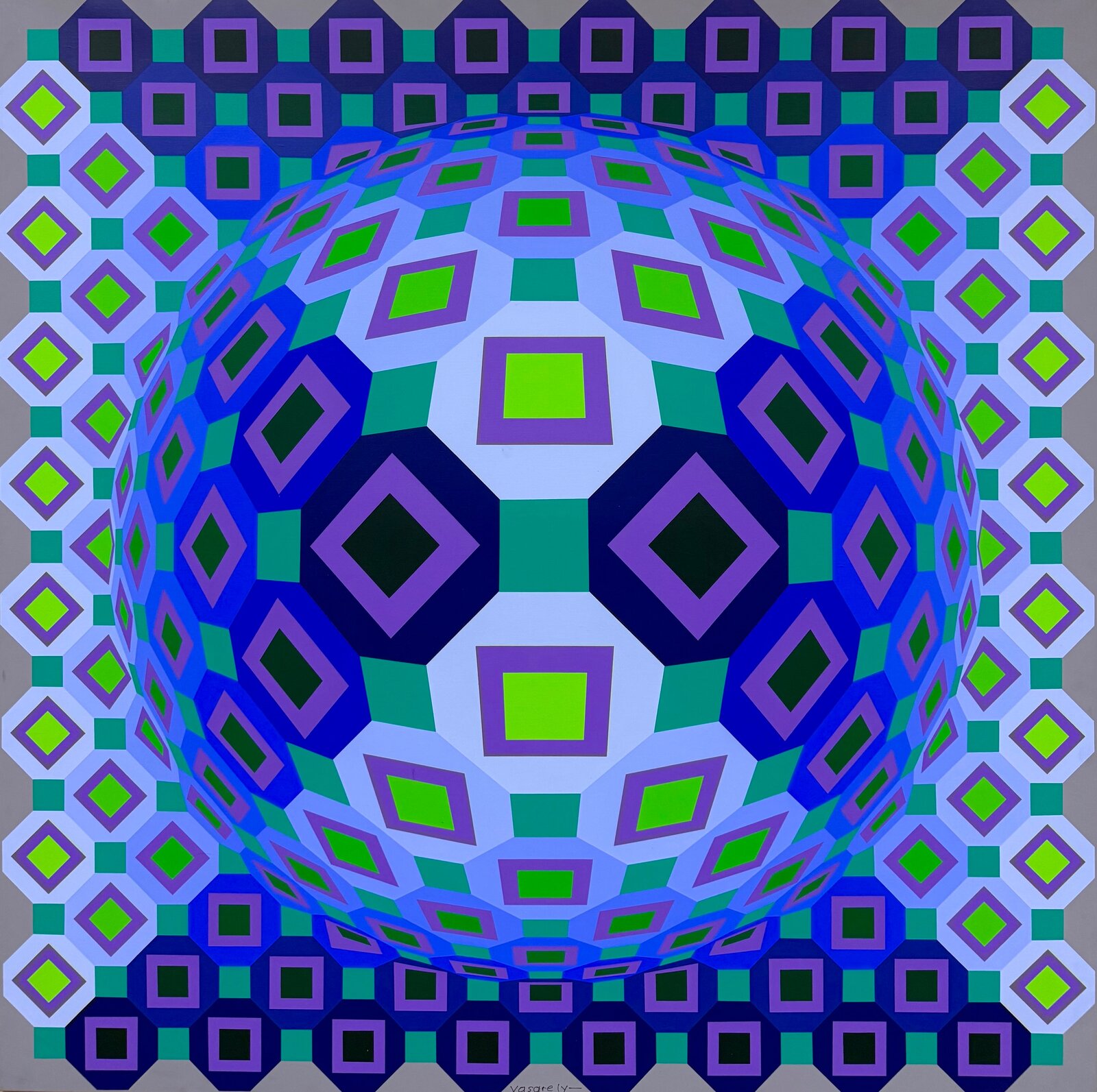A geometric optical illusion featuring a central sphere-like form surrounded by a repeating grid of squares and diamonds in vibrant colors.