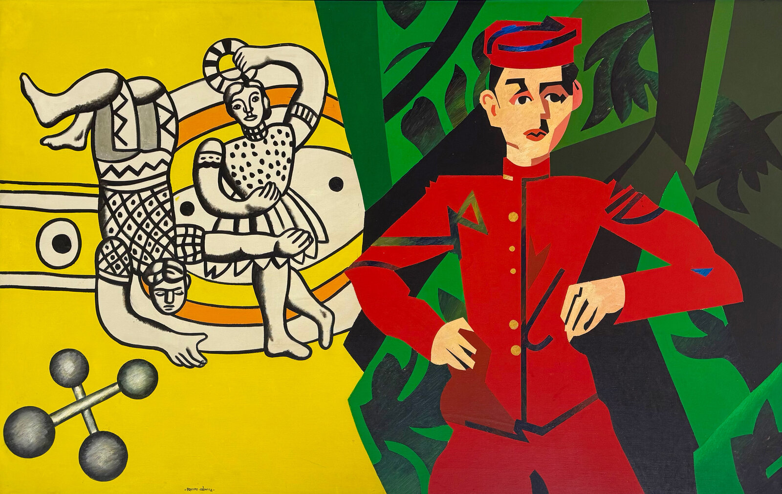 A bold, split-composition painting featuring a stylized figure in red against a jungle backdrop and a surreal, monochrome scene with floating figures on a yellow background.