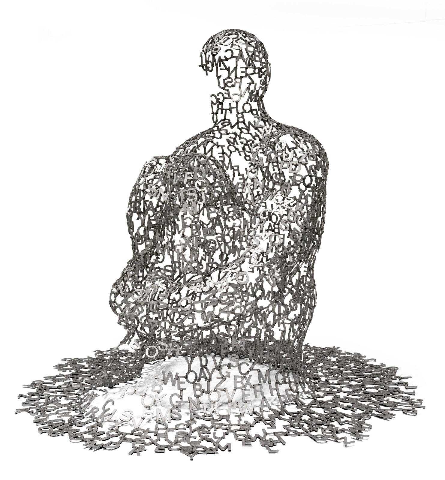 A metallic sculpture of a seated figure constructed from scattered letters, with more letters spilling onto the white floor.