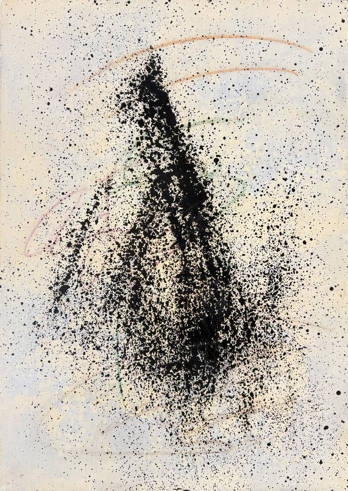 An abstract composition featuring a dense cluster of black ink splatters against a pale, textured background with faint pastel outlines.
