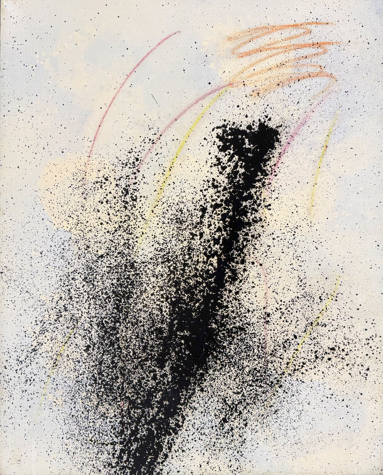 An abstract composition featuring a central black ink explosion against a pale background with faint colored lines.