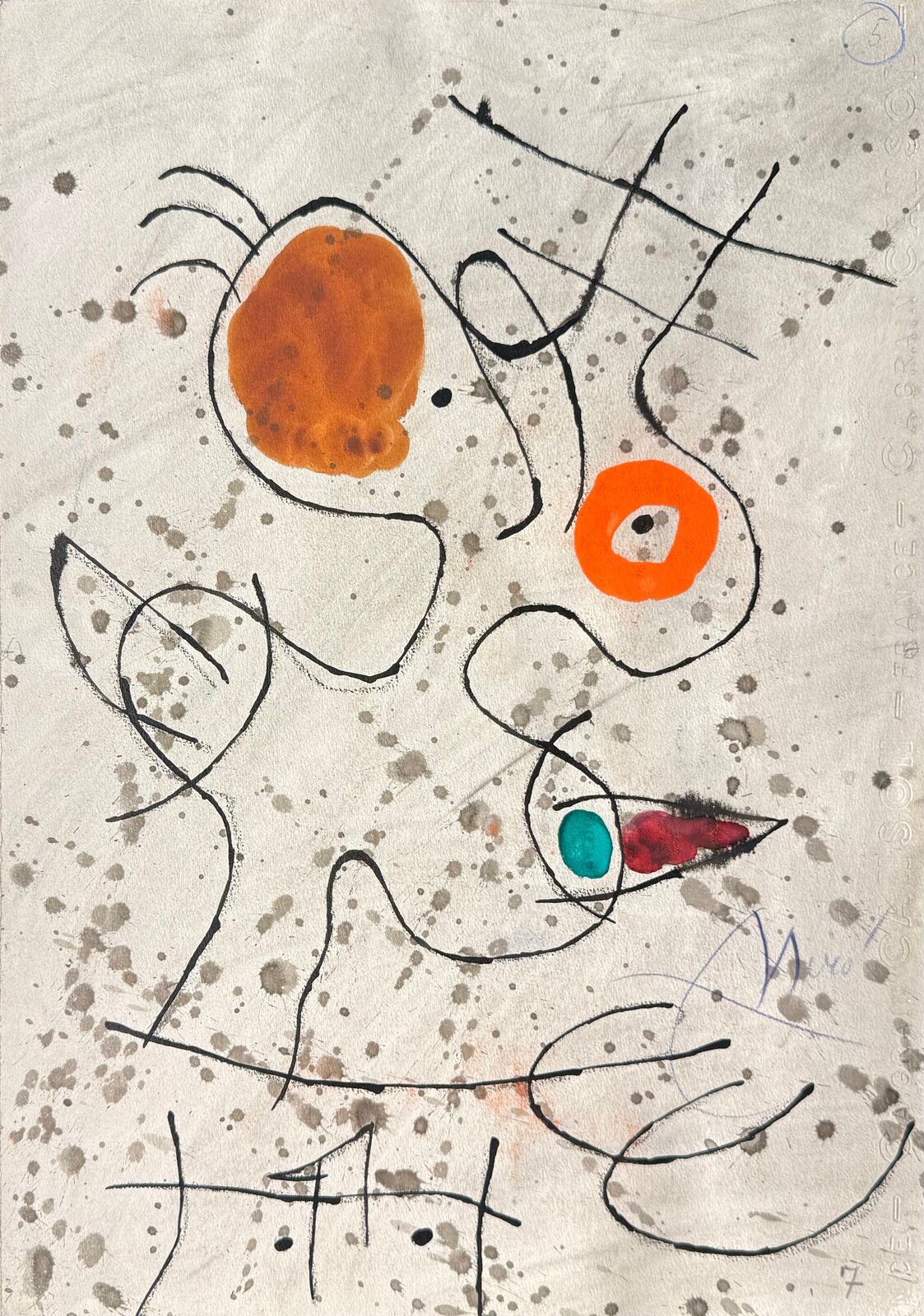 A vibrant abstract portrait featuring a face with bold orange eyes, a red tongue, and splattered ink effects.
