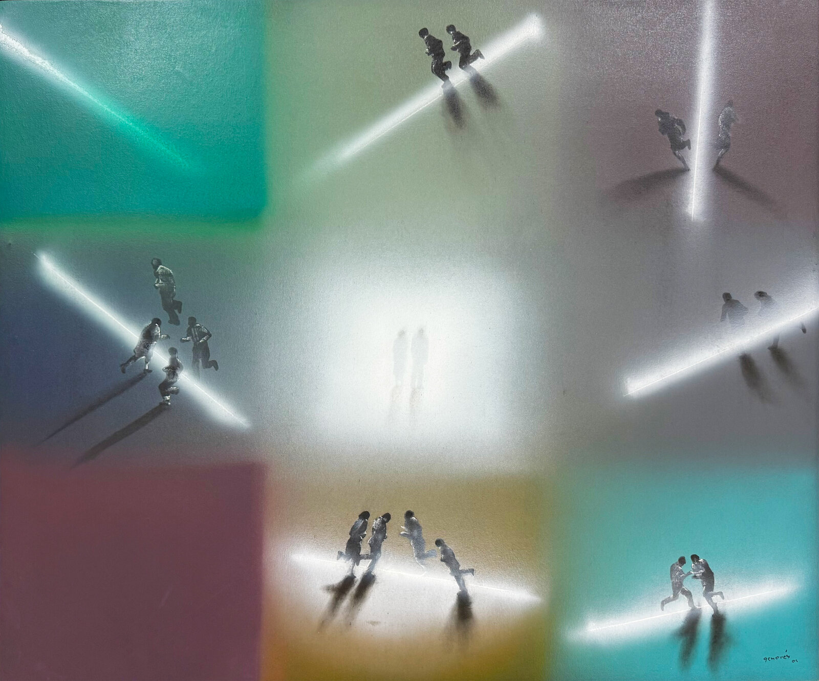 A surreal composition of silhouetted figures running along glowing beams across a multi-colored, abstract background.