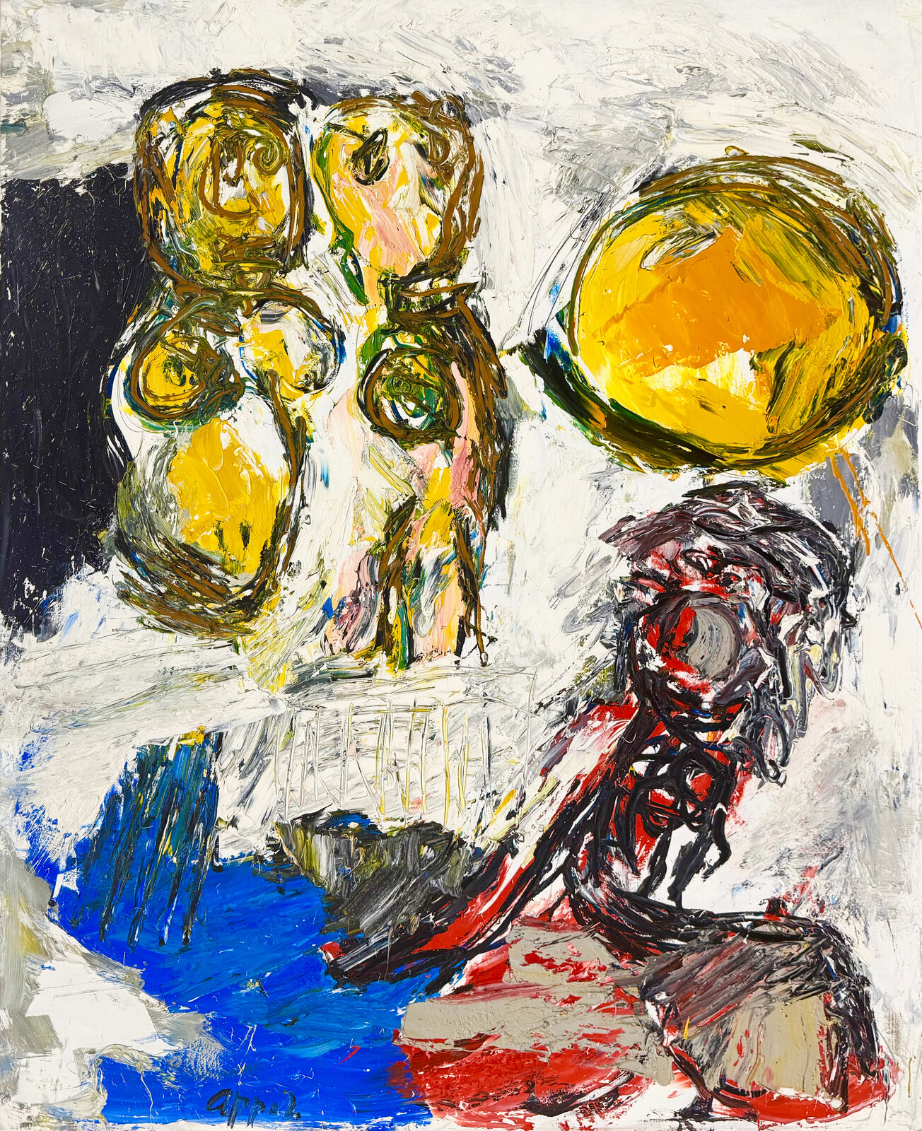 A vibrant abstract composition featuring a group of yellow figures and a red figure against a white background.