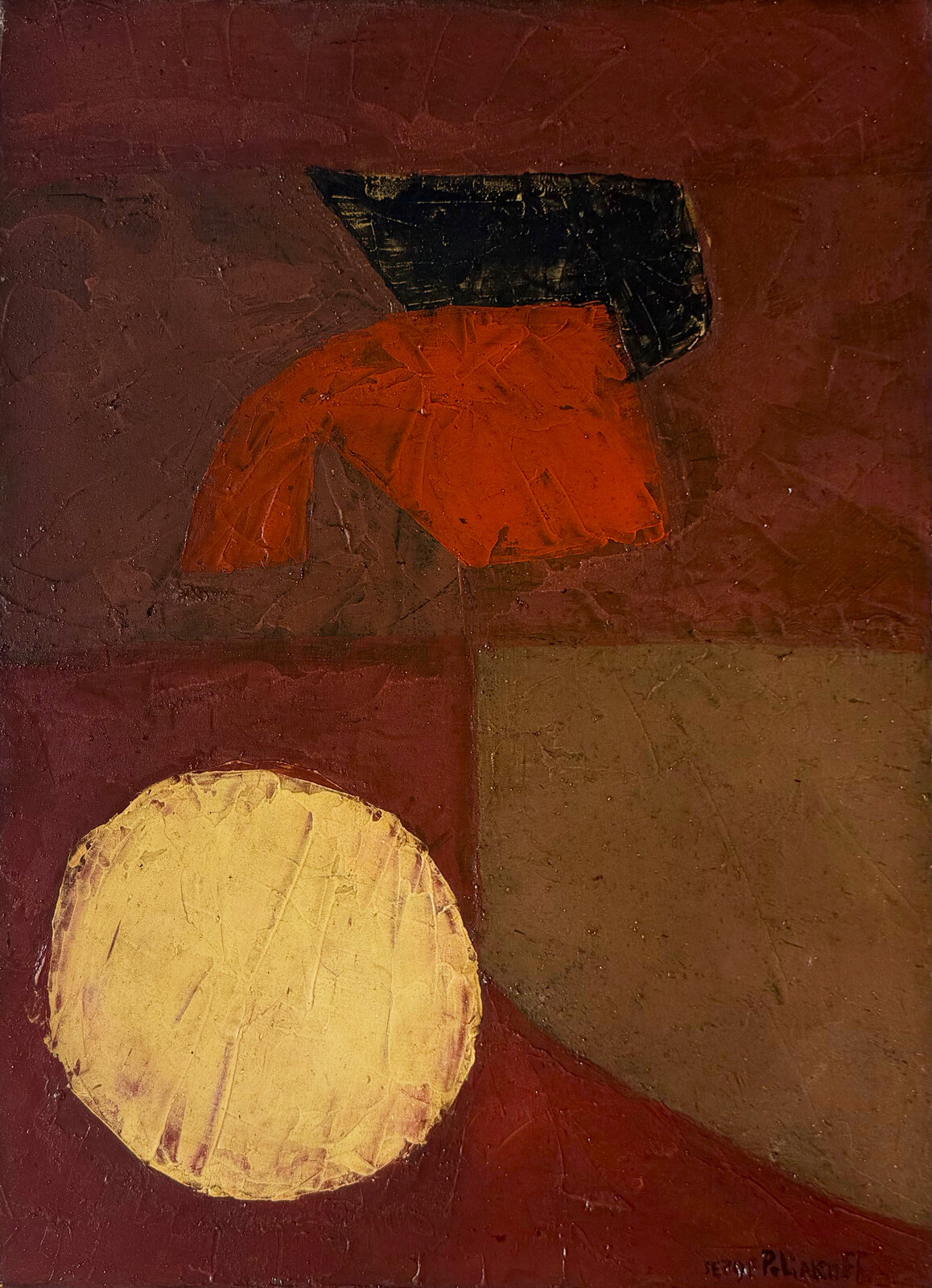 A textured abstract composition featuring bold geometric shapes against a rich, earthy background.