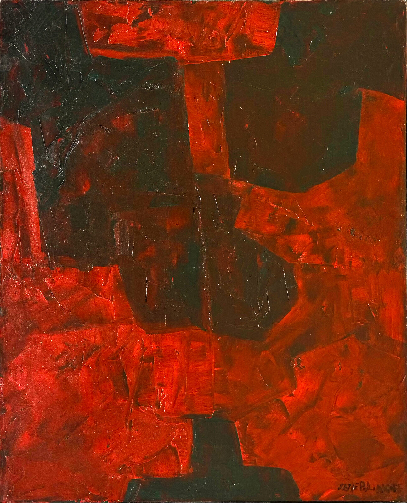 An abstract composition of bold red and black geometric shapes.