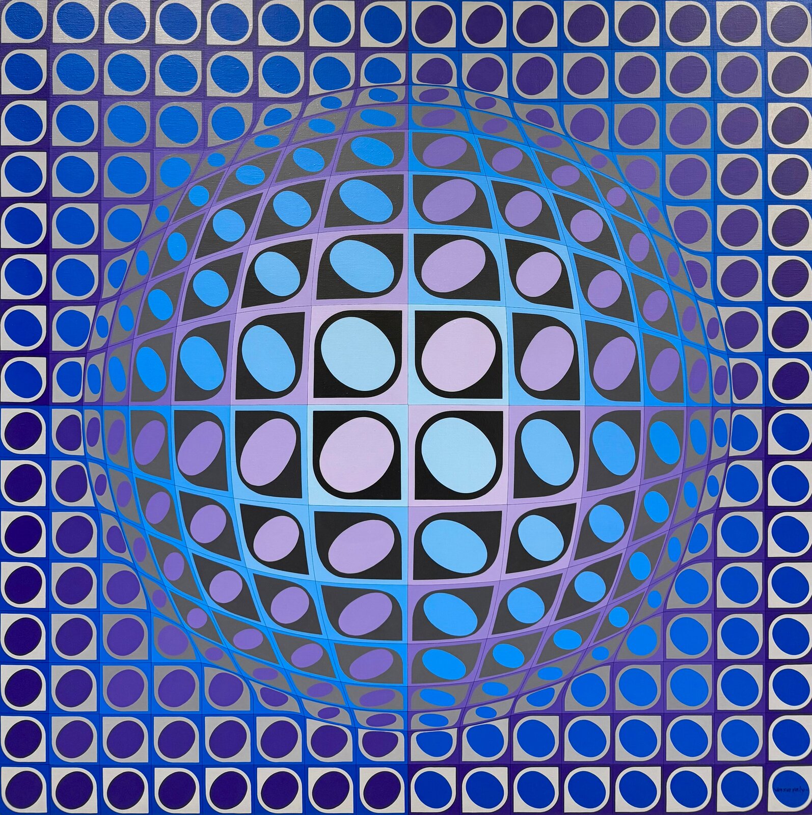 A geometric grid of circles and squares that appears to warp into a three-dimensional tunnel.