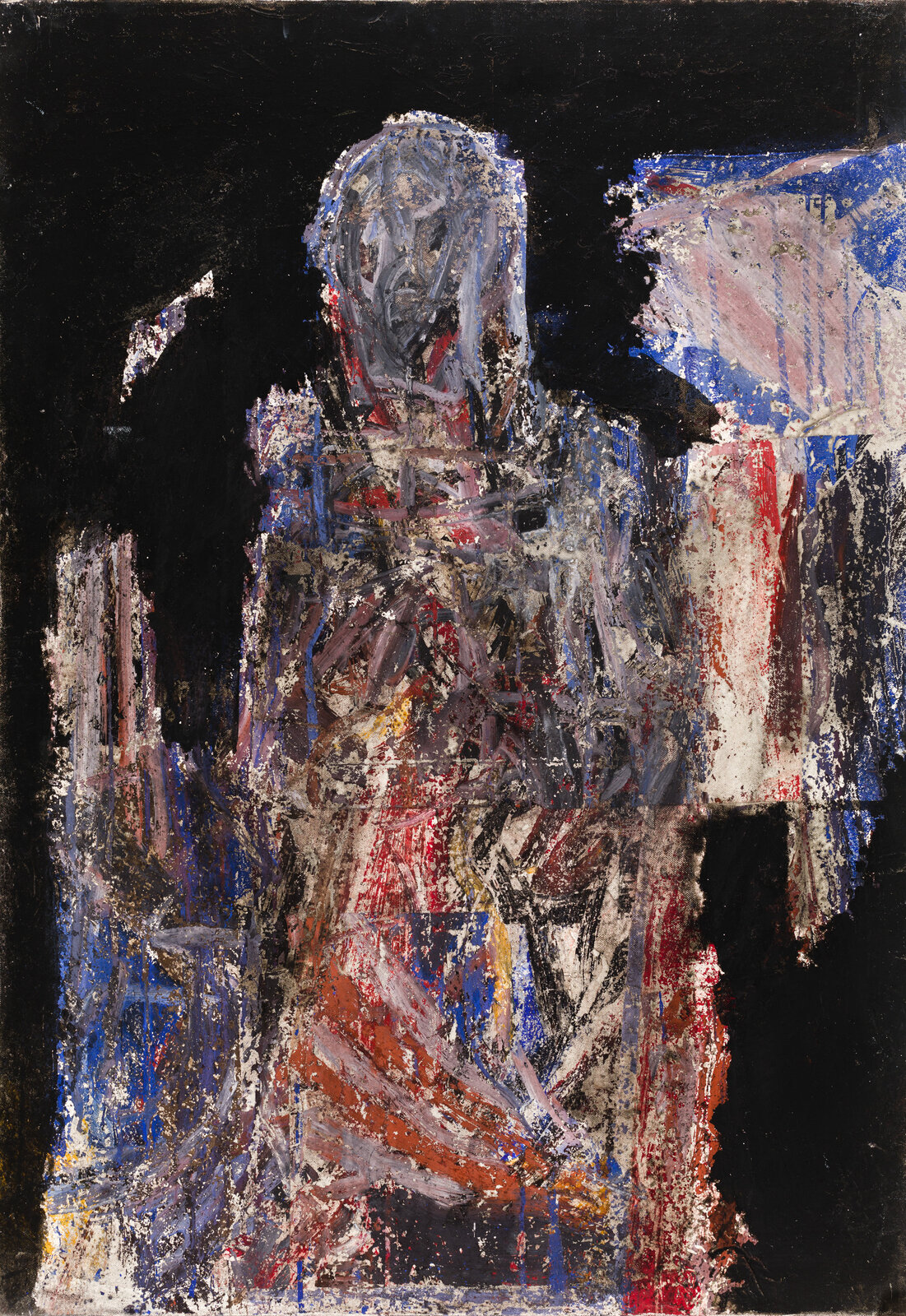 An abstract expressionist painting of a seated figure in a dark void.