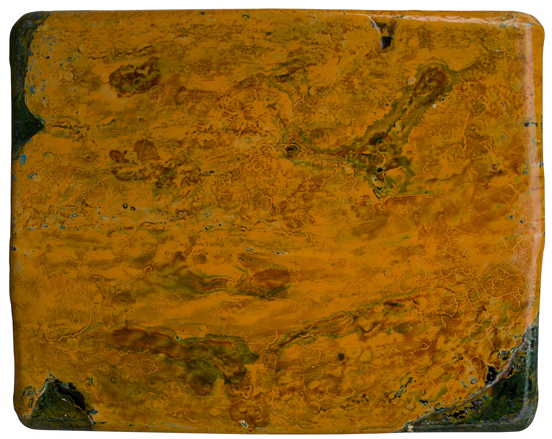A rectangular ceramic tile featuring a rich, earthy glaze with organic patterns.