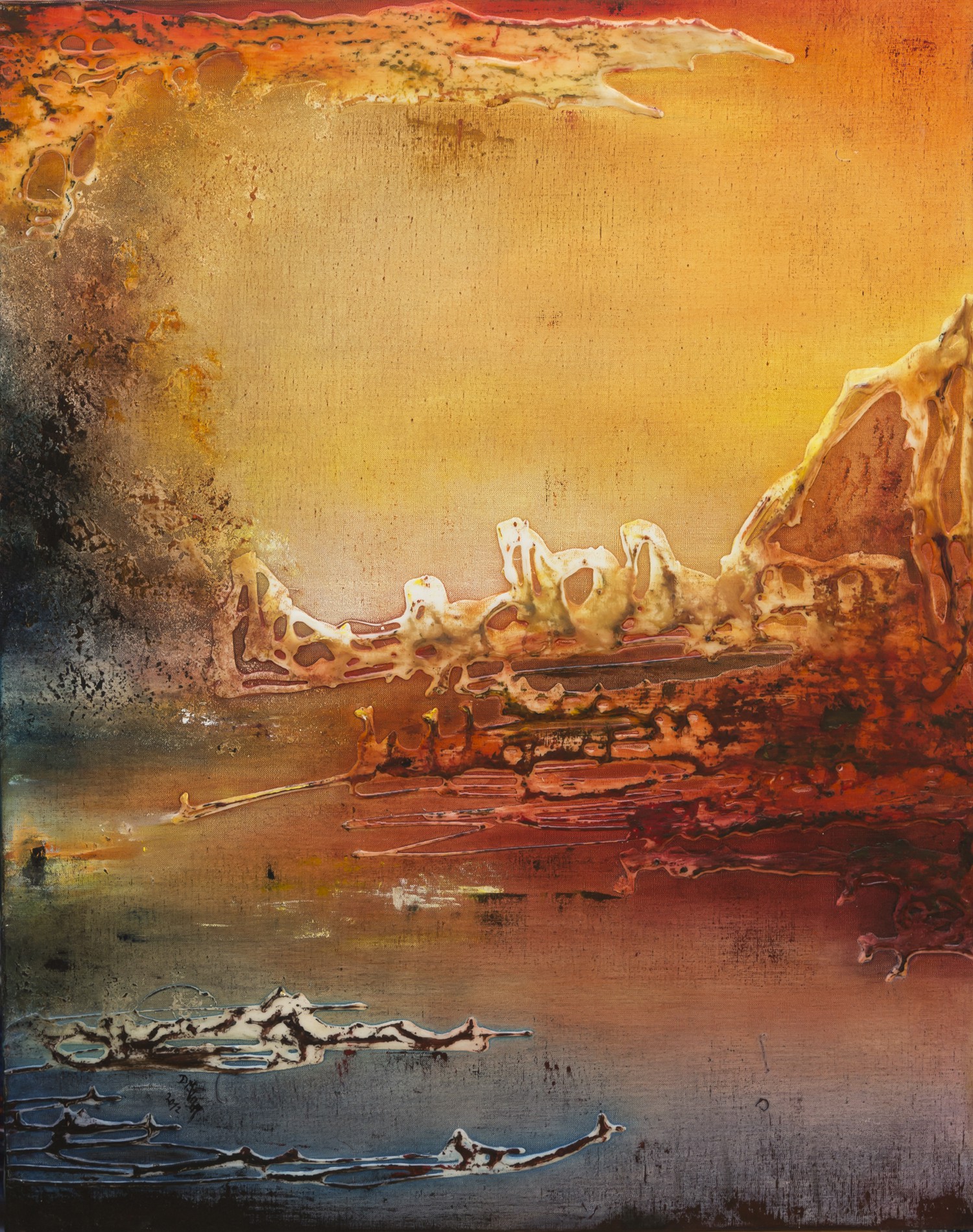 An abstract landscape painting featuring a glowing horizon, a central rocky formation, and reflective water.