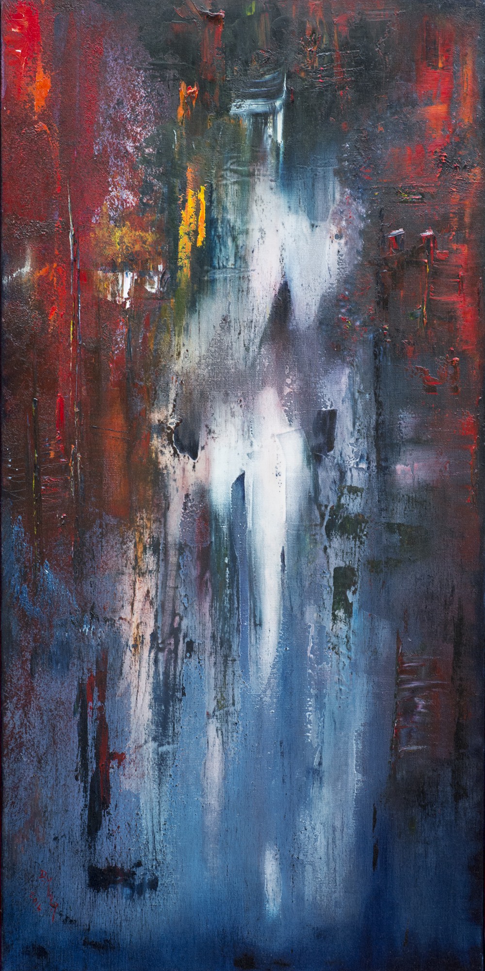 A vertical abstract painting featuring a central white figure emerging from a textured background of deep reds, blues, and blacks.