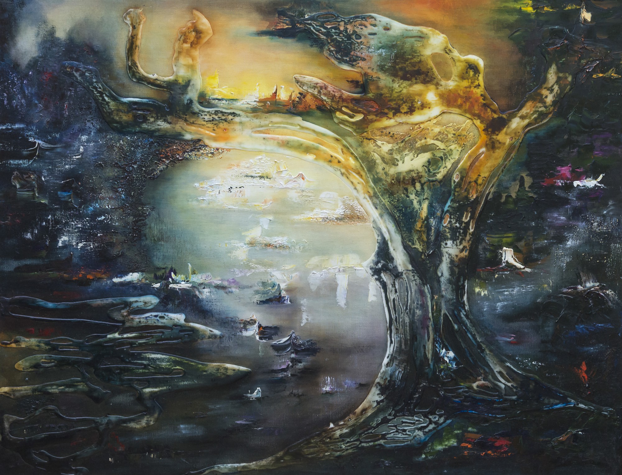 A textured painting of a gnarled tree framing a distant, misty landscape.