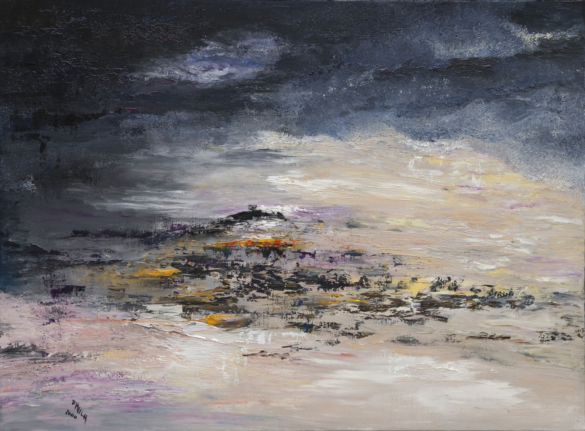 A dramatic seascape painting depicting a dark, stormy sky over turbulent waters with a distant landmass.