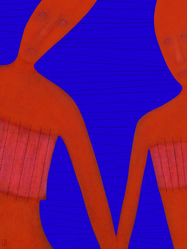 A graphic composition of two orange figures against a blue background with linear textures.