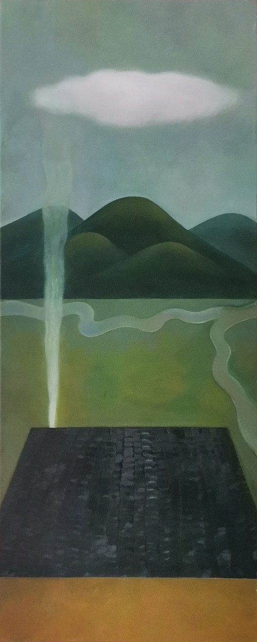 A surreal landscape painting featuring a dark platform, distant hills, and a mysterious beam of light.