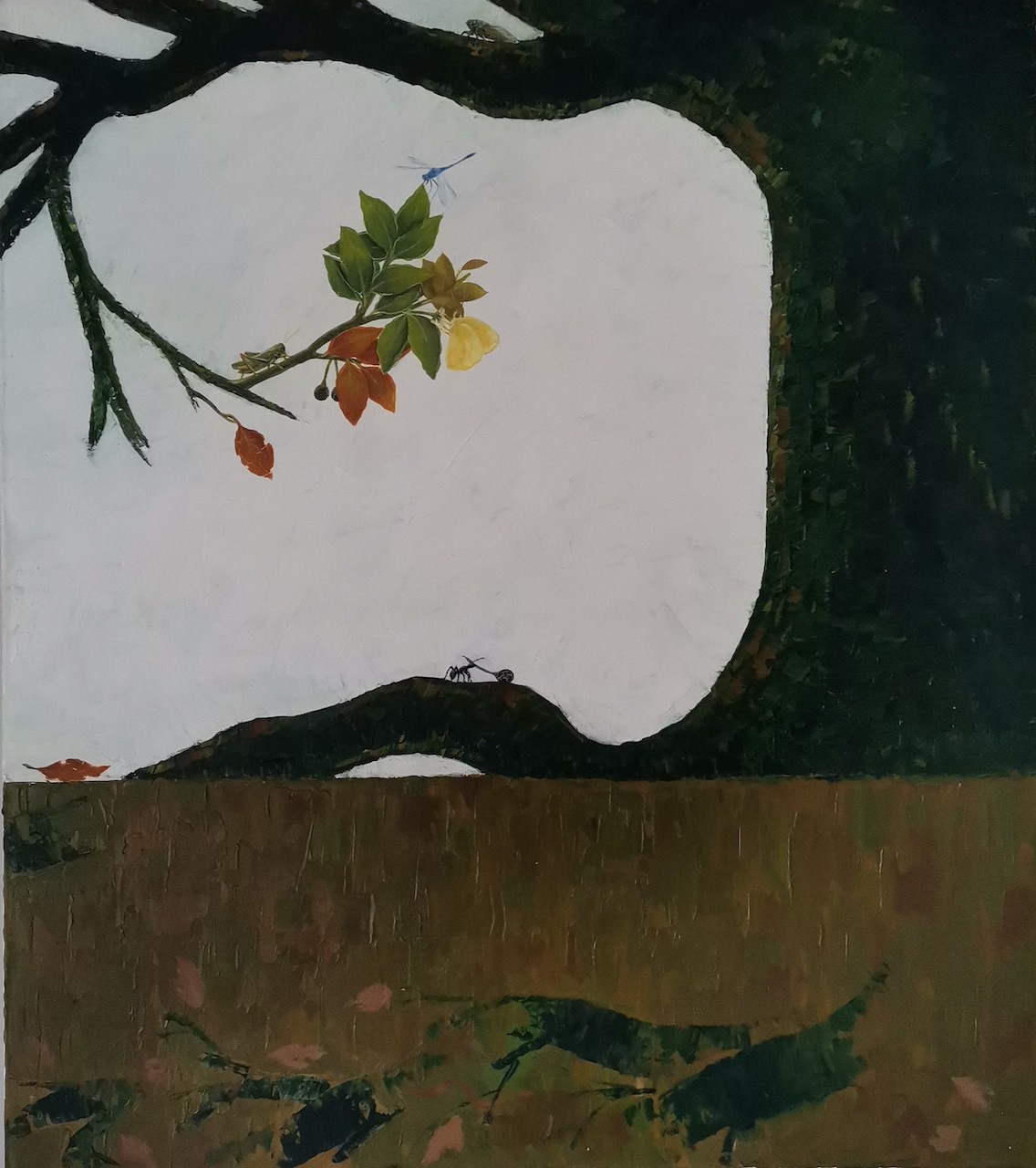 A still life painting featuring a tree branch with leaves and insects against a white background.
