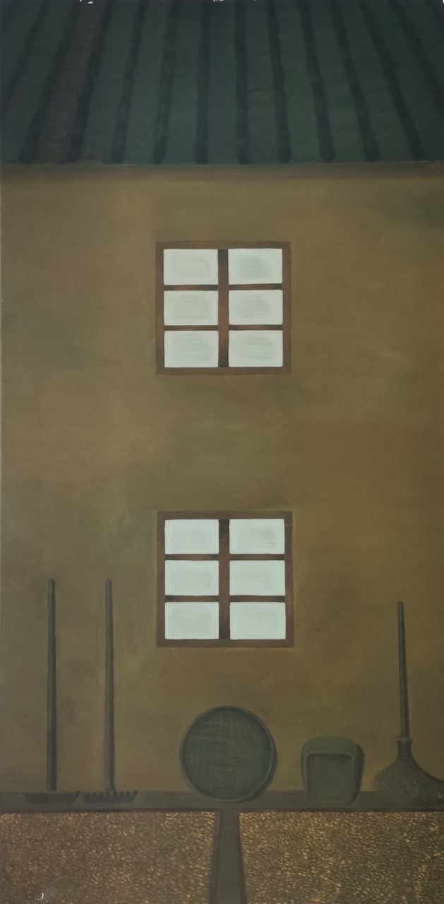 A vertical painting of a simple house facade with two windows and gardening tools at the base.