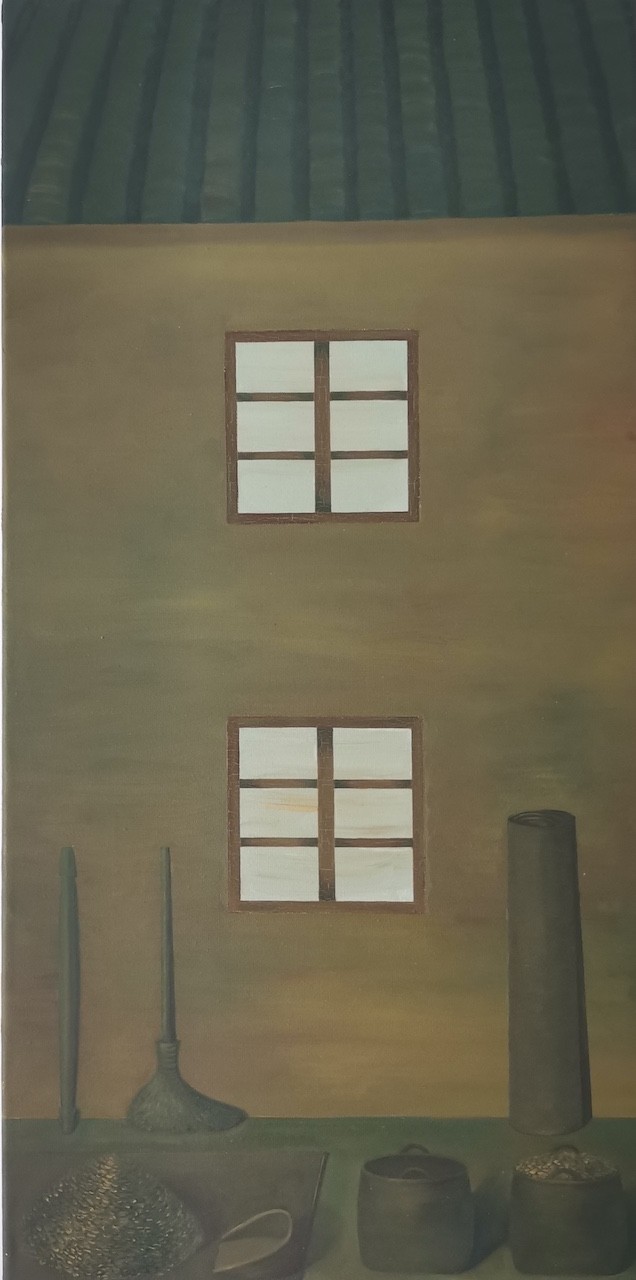 A quiet still life featuring household tools and a building facade with two windows.