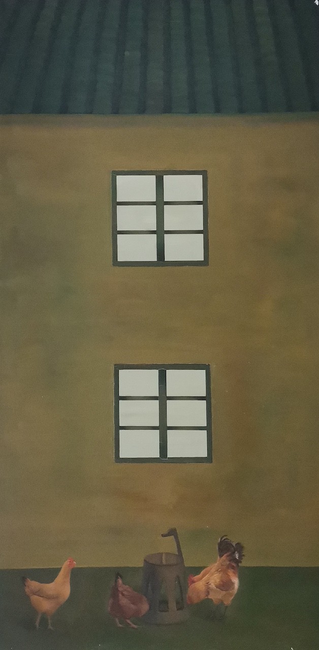 A surreal painting of a yellow building with two windows and three chickens at its base.
