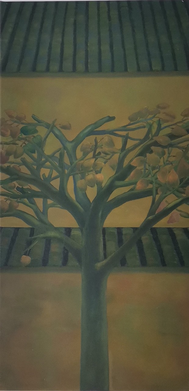 A stylized tree with green branches and fruit-like shapes against a striped background.