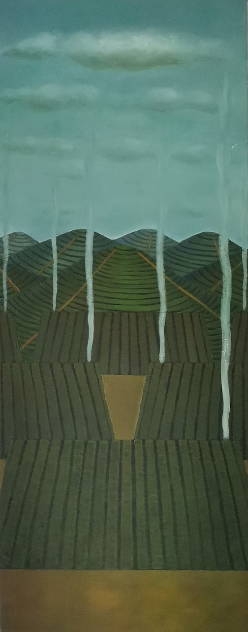 A vertical painting depicting a stylized landscape of layered hills under a cloudy sky.