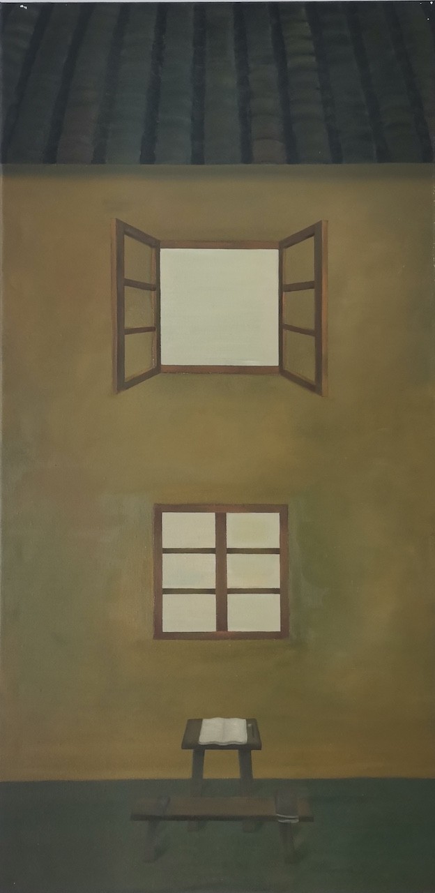 A quiet interior scene featuring a small table with an open book, set against a wall with two windows.