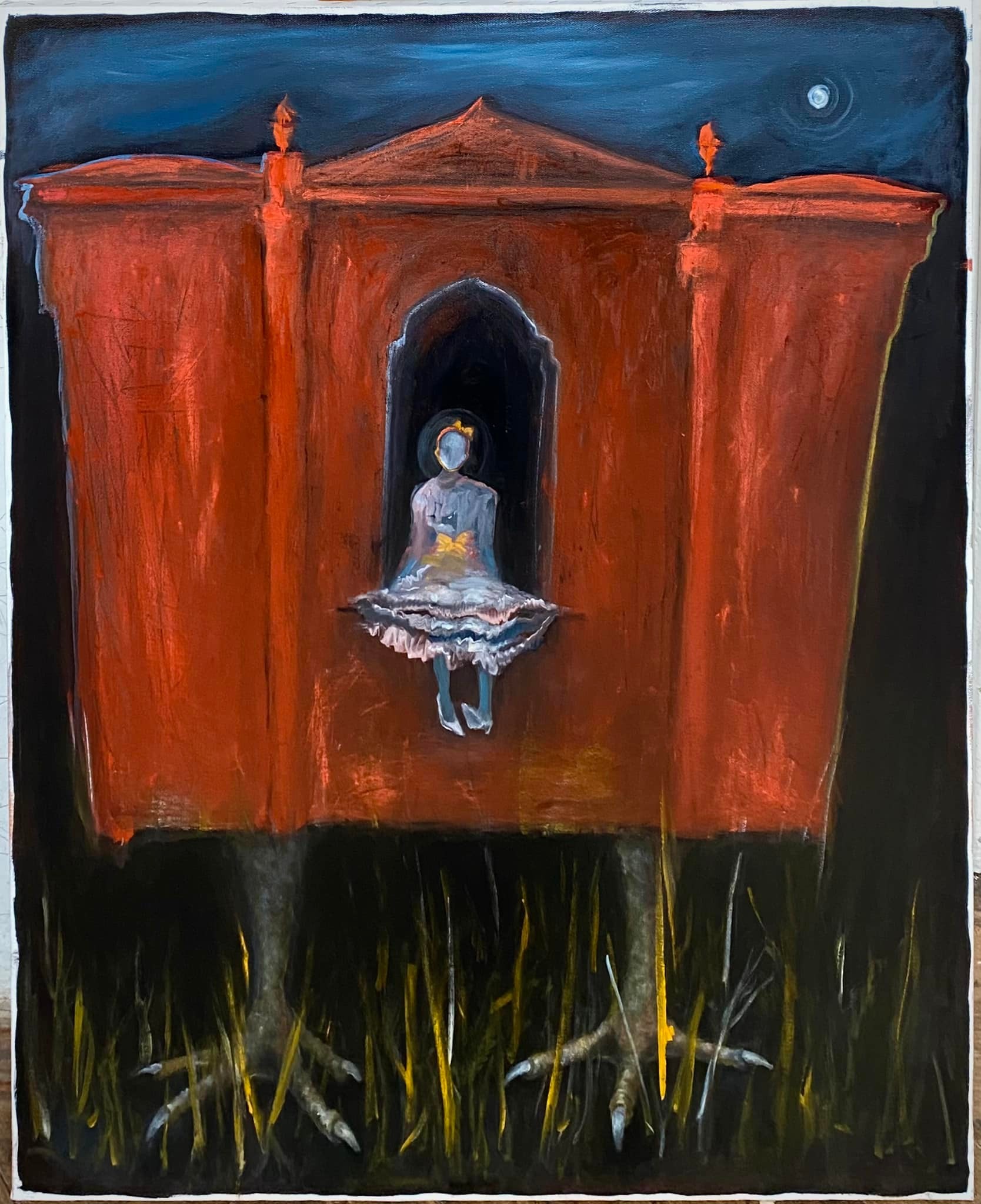 A surreal painting of a figure in a dress sitting inside a large red structure supported by bird-like legs.