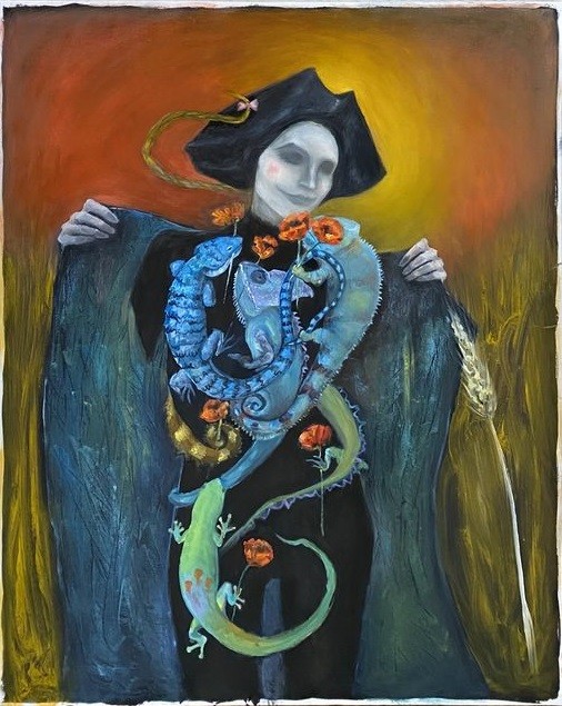 A surreal portrait of a figure in a wide-brimmed hat holding open a dark cloak to reveal a vibrant, multi-colored lizard.