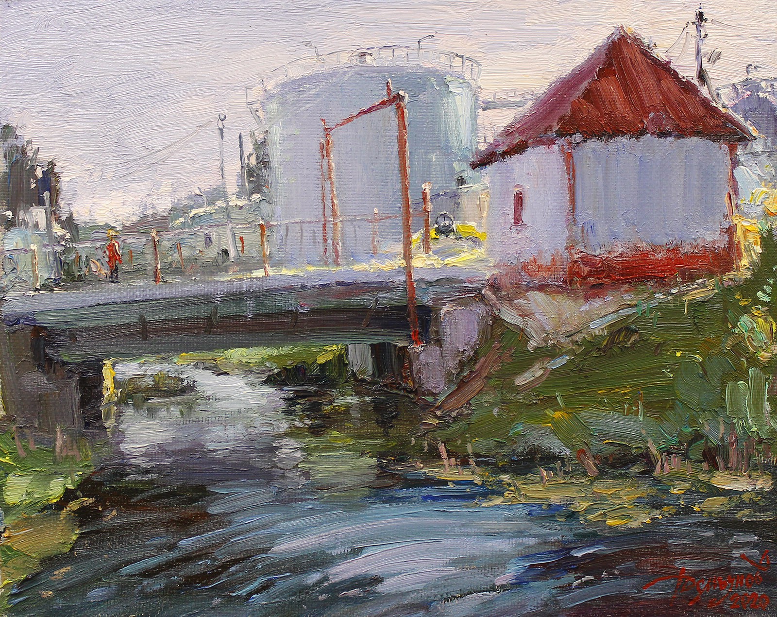 An impressionist oil painting of an industrial riverside scene featuring a bridge, a small house, and large storage tanks.