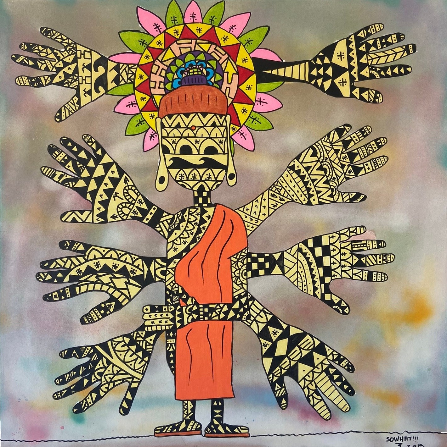 A vibrant, multi-armed figure adorned with intricate patterns and a colorful floral crown.