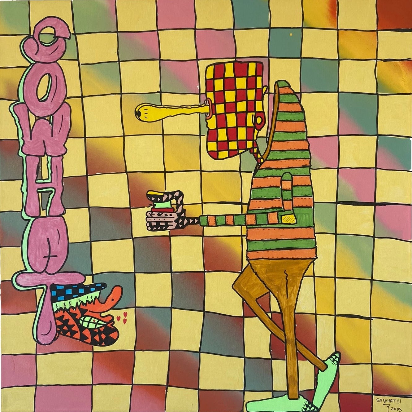 A colorful pop-art style illustration of a checkered figure holding a stack of books against a grid background.