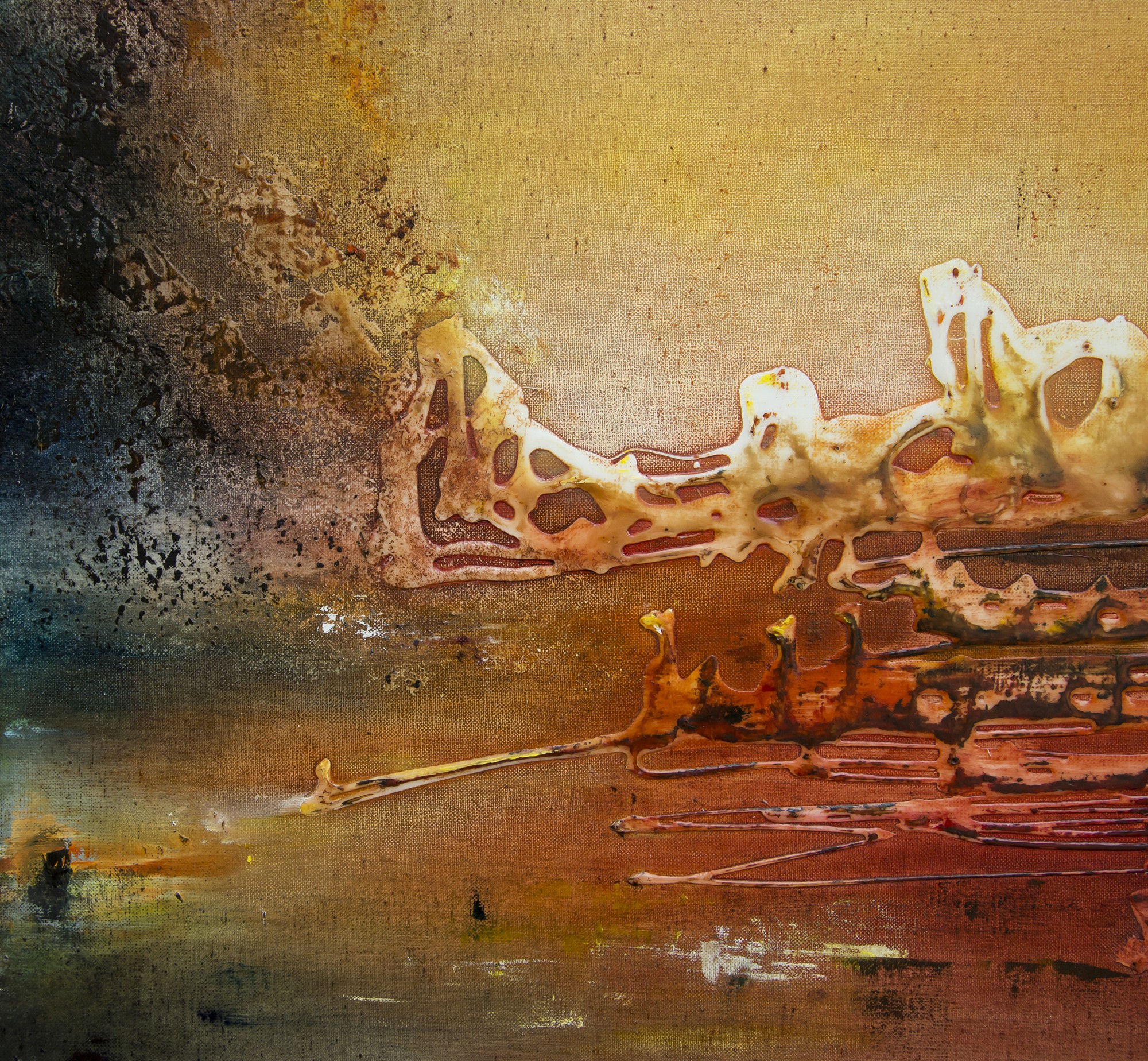 An abstract landscape painting featuring a glowing horizon, a central rocky formation, and reflective water.