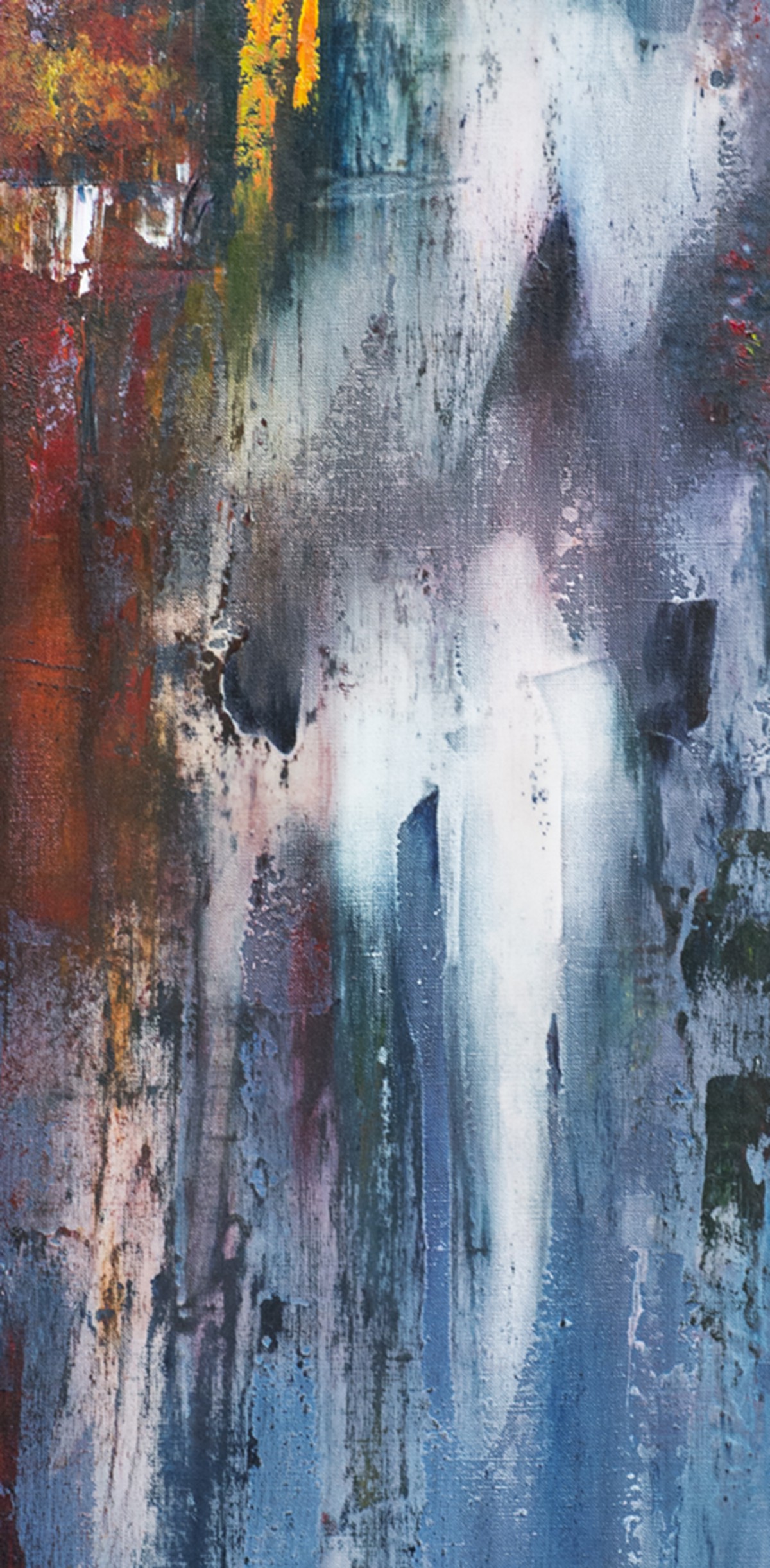 A vertical abstract painting featuring a central white figure emerging from a textured background of deep reds, blues, and blacks.