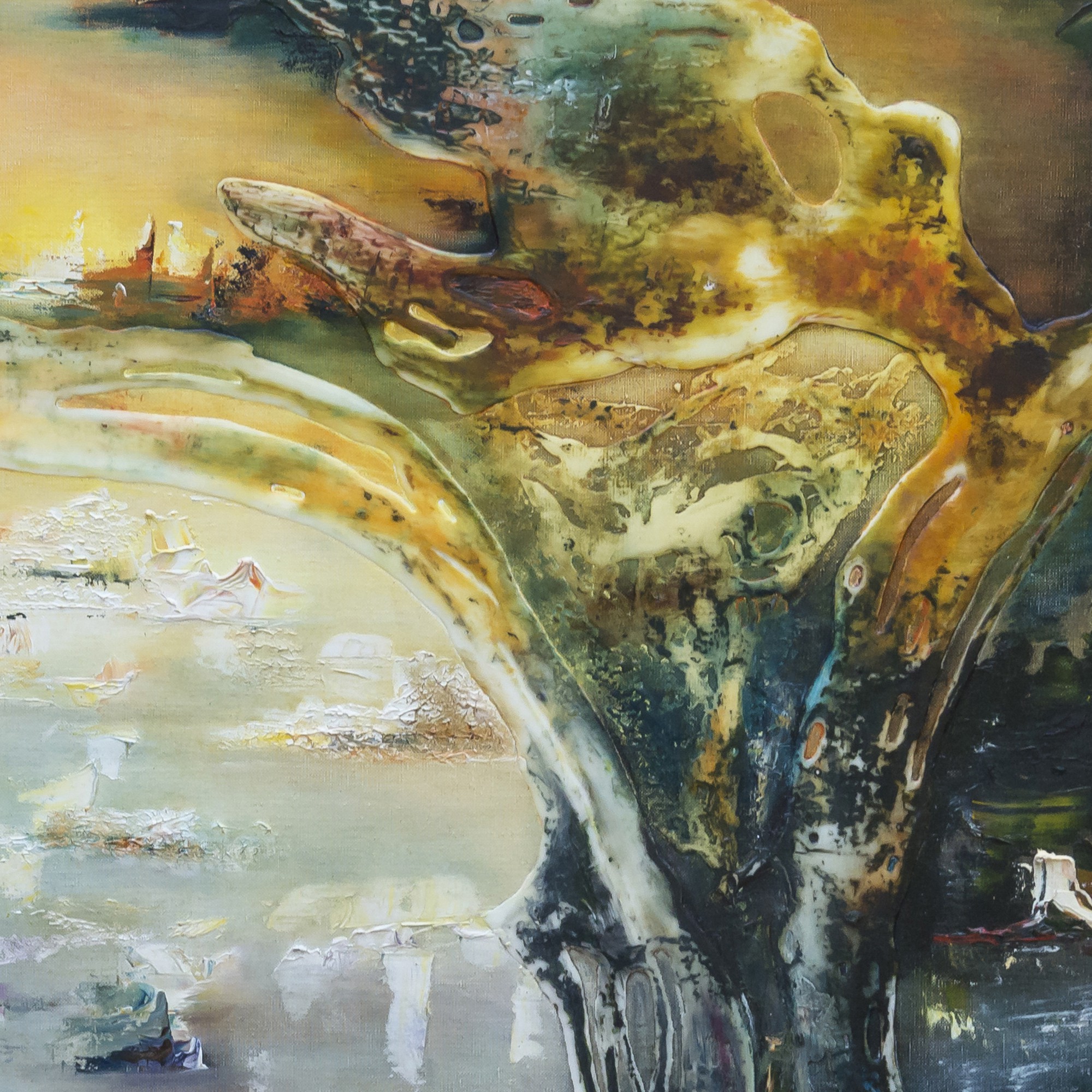A textured painting of a gnarled tree framing a distant, misty landscape.