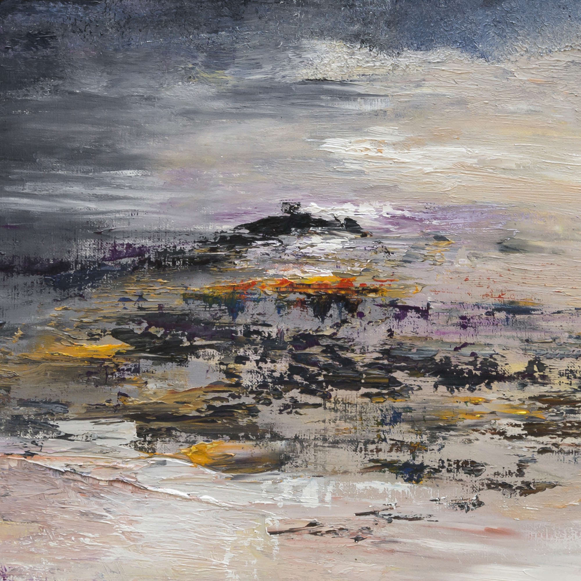 A dramatic seascape painting depicting a dark, stormy sky over turbulent waters with a distant landmass.