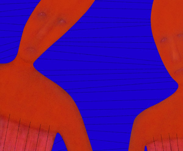 A graphic composition of two orange figures against a blue background with linear textures.