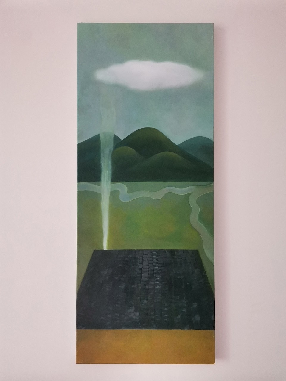 A surreal landscape painting featuring a dark platform, distant hills, and a mysterious beam of light.