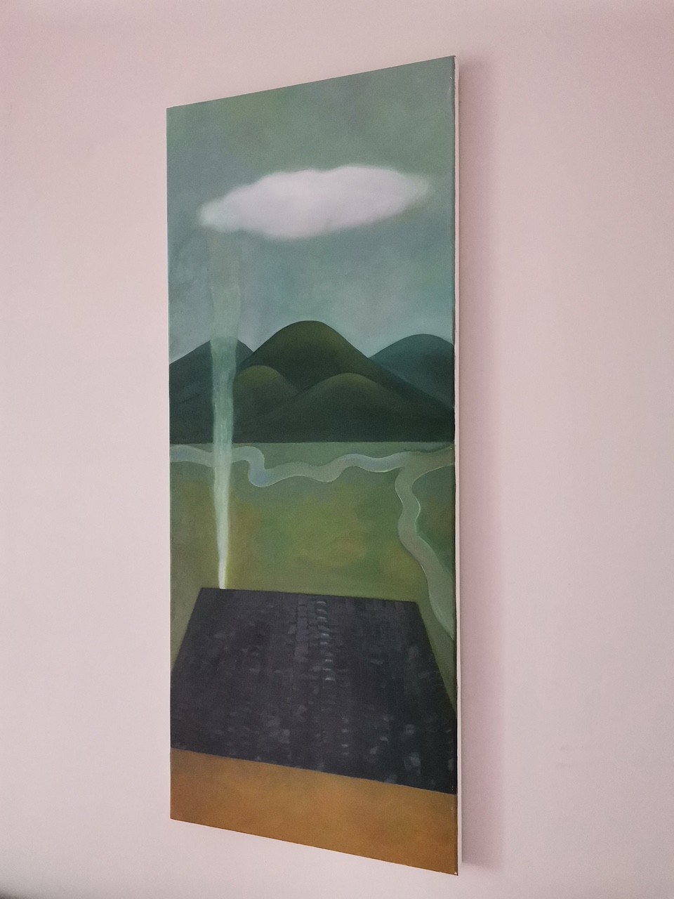 A surreal landscape painting featuring a dark platform, distant hills, and a mysterious beam of light.