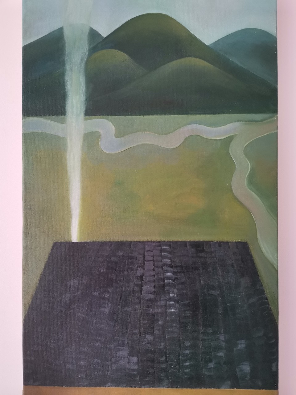 A surreal landscape painting featuring a dark platform, distant hills, and a mysterious beam of light.