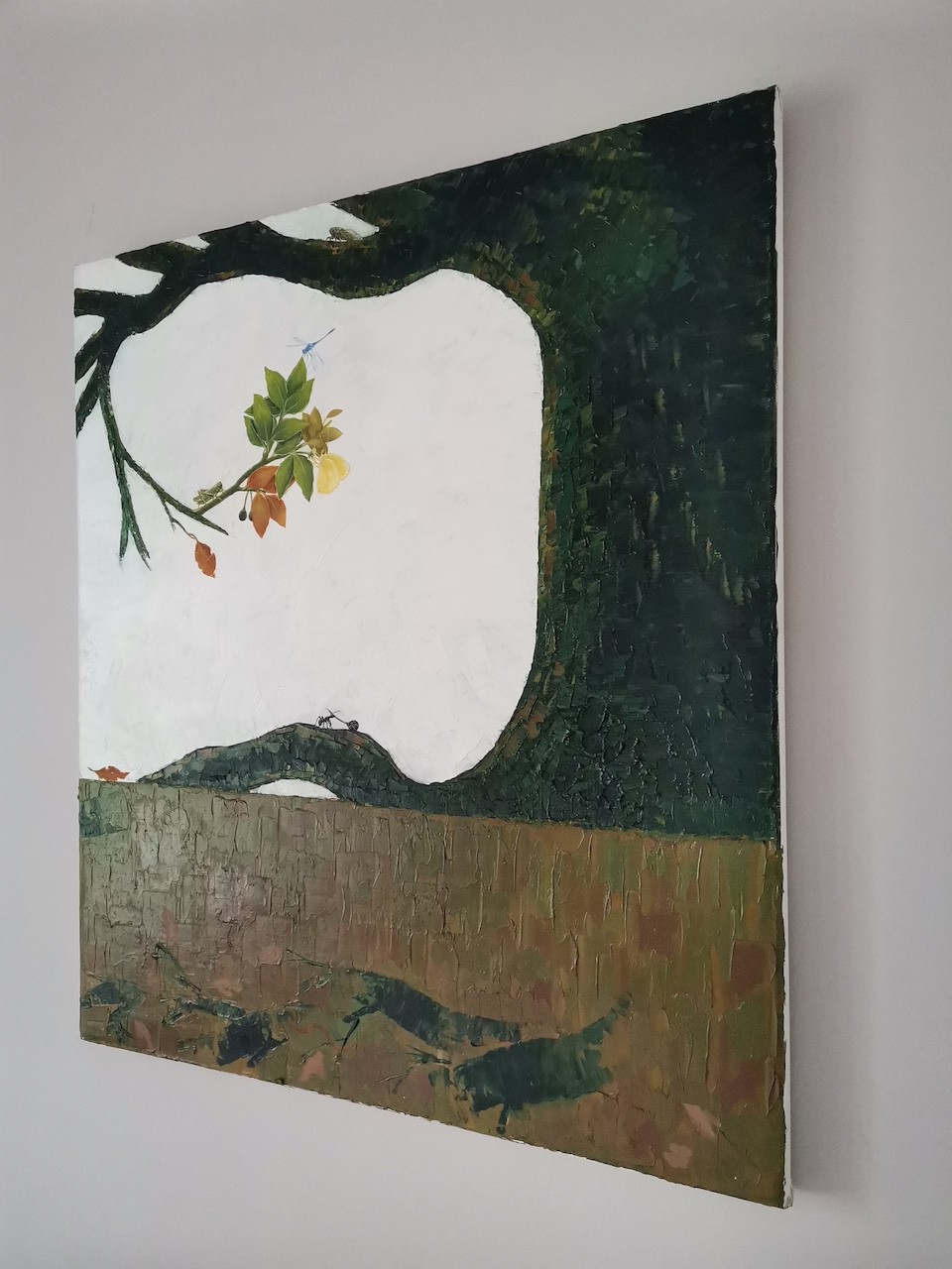 A still life painting featuring a tree branch with leaves and insects against a white background.