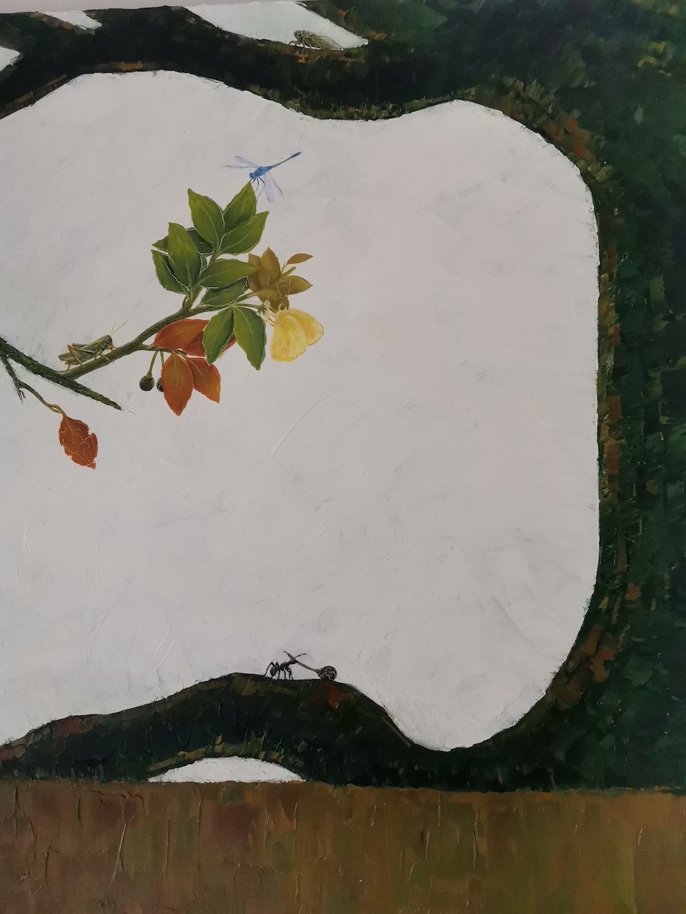 A still life painting featuring a tree branch with leaves and insects against a white background.