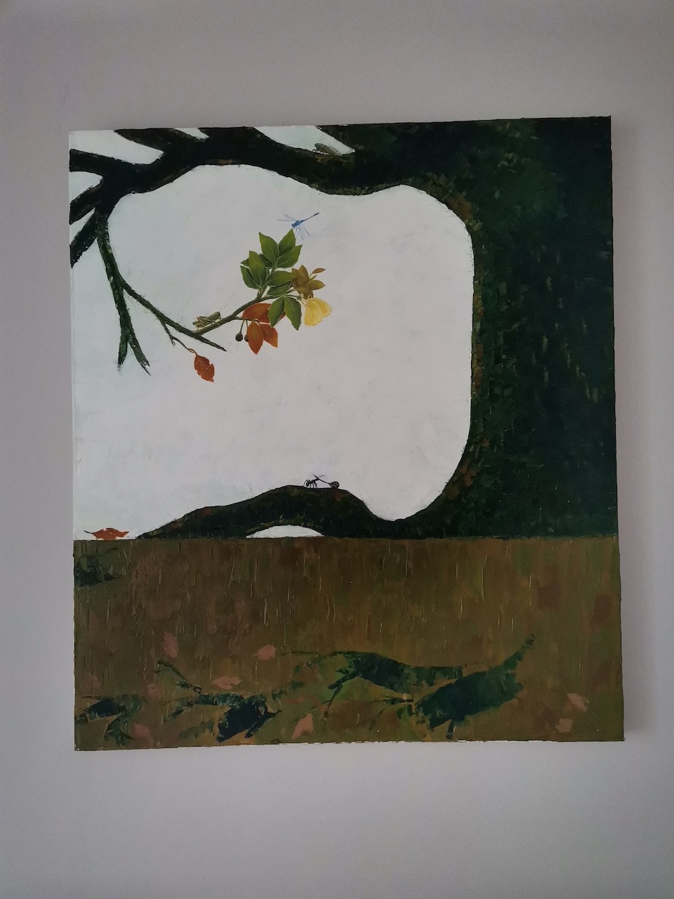 A still life painting featuring a tree branch with leaves and insects against a white background.