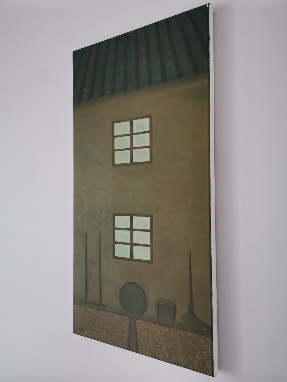 A vertical painting of a simple house facade with two windows and gardening tools at the base.