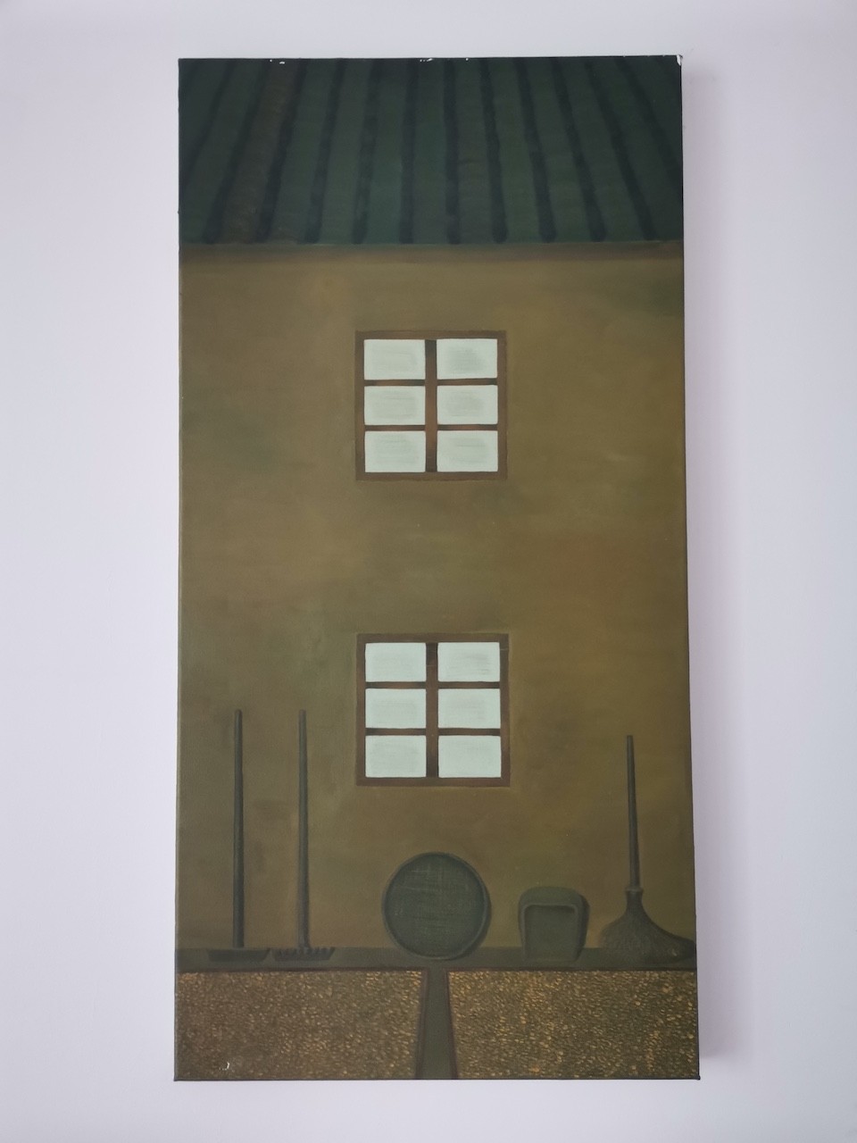 A vertical painting of a simple house facade with two windows and gardening tools at the base.