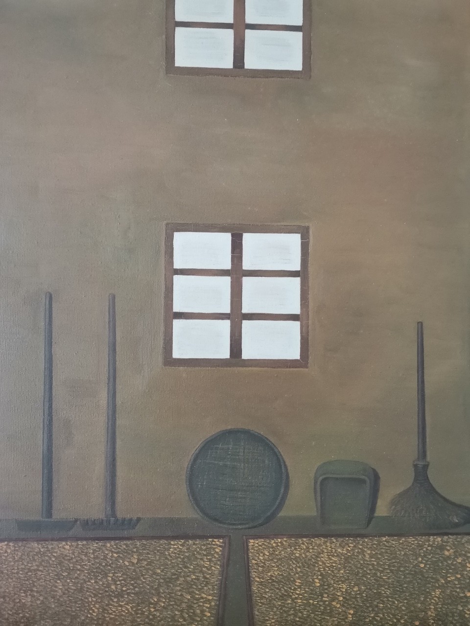 A vertical painting of a simple house facade with two windows and gardening tools at the base.