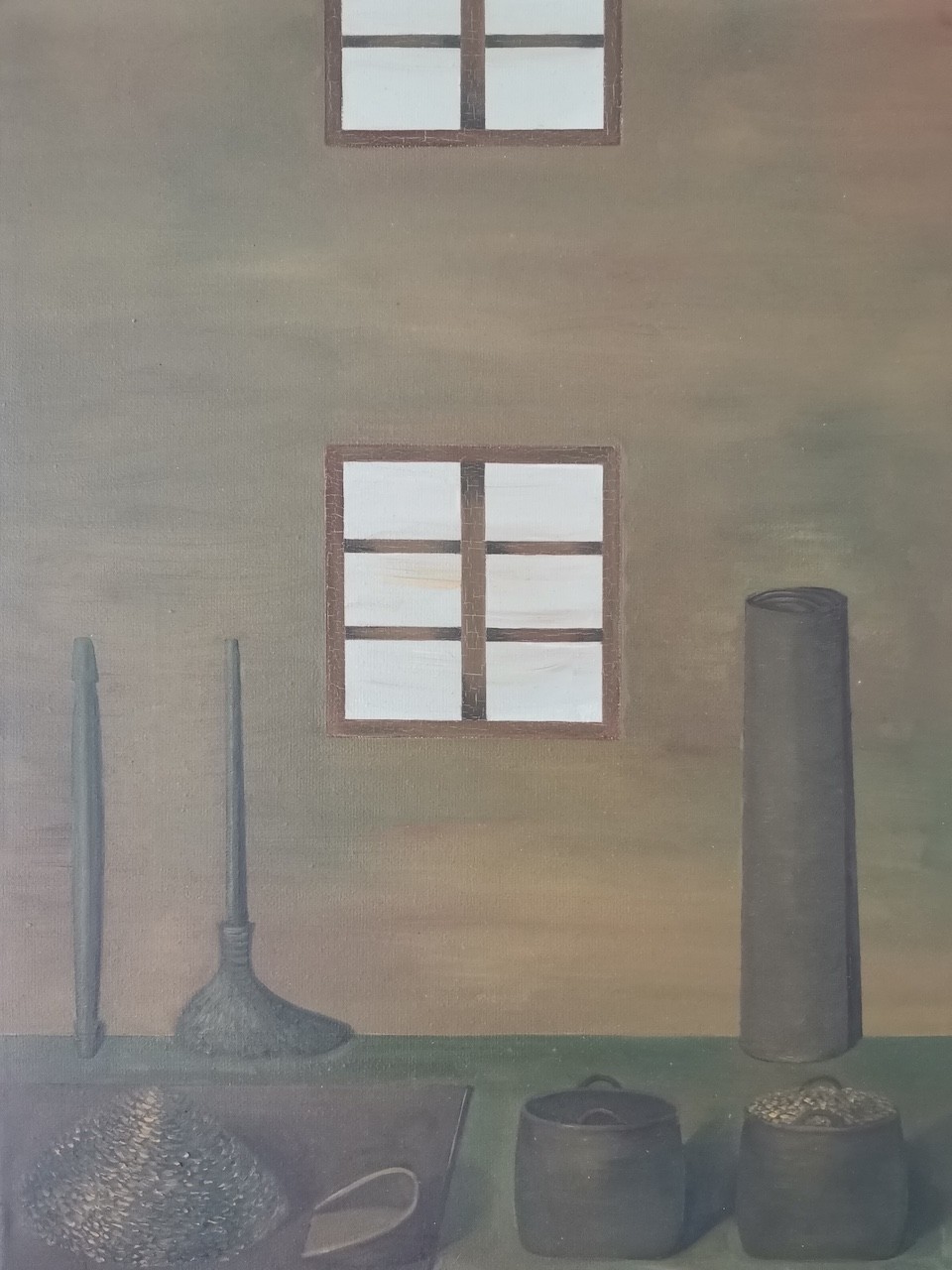 A quiet still life featuring household tools and a building facade with two windows.