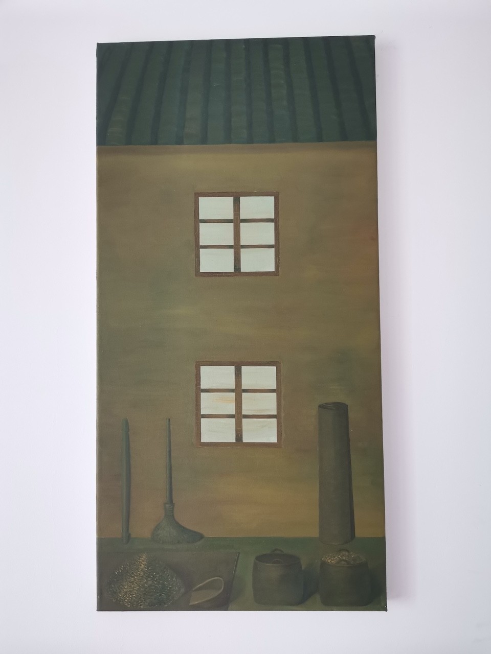 A quiet still life featuring household tools and a building facade with two windows.