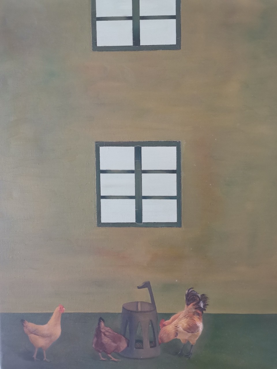 A surreal painting of a yellow building with two windows and three chickens at its base.