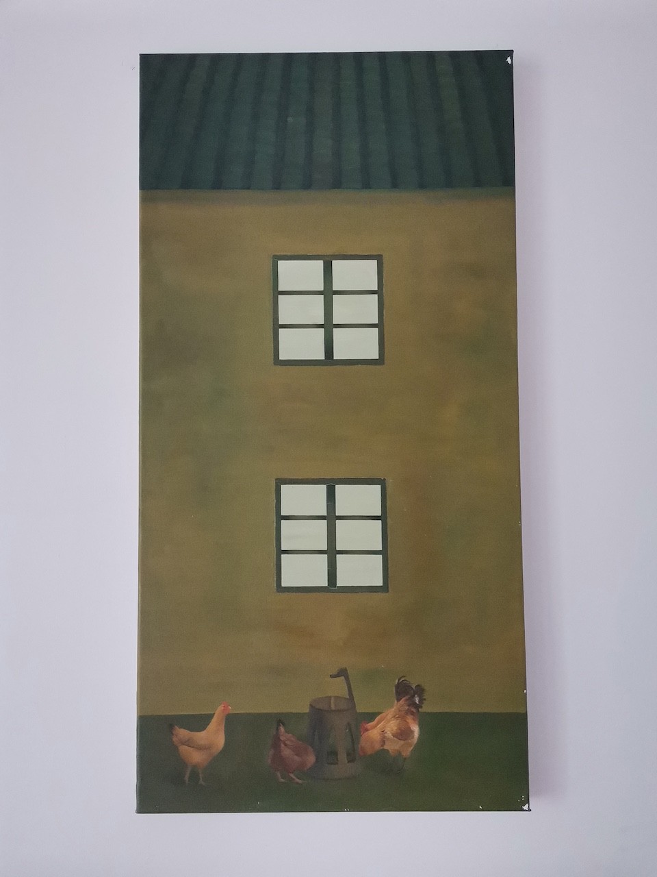 A surreal painting of a yellow building with two windows and three chickens at its base.