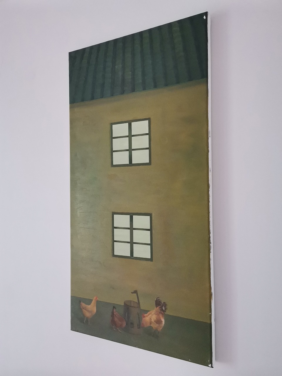 A surreal painting of a yellow building with two windows and three chickens at its base.